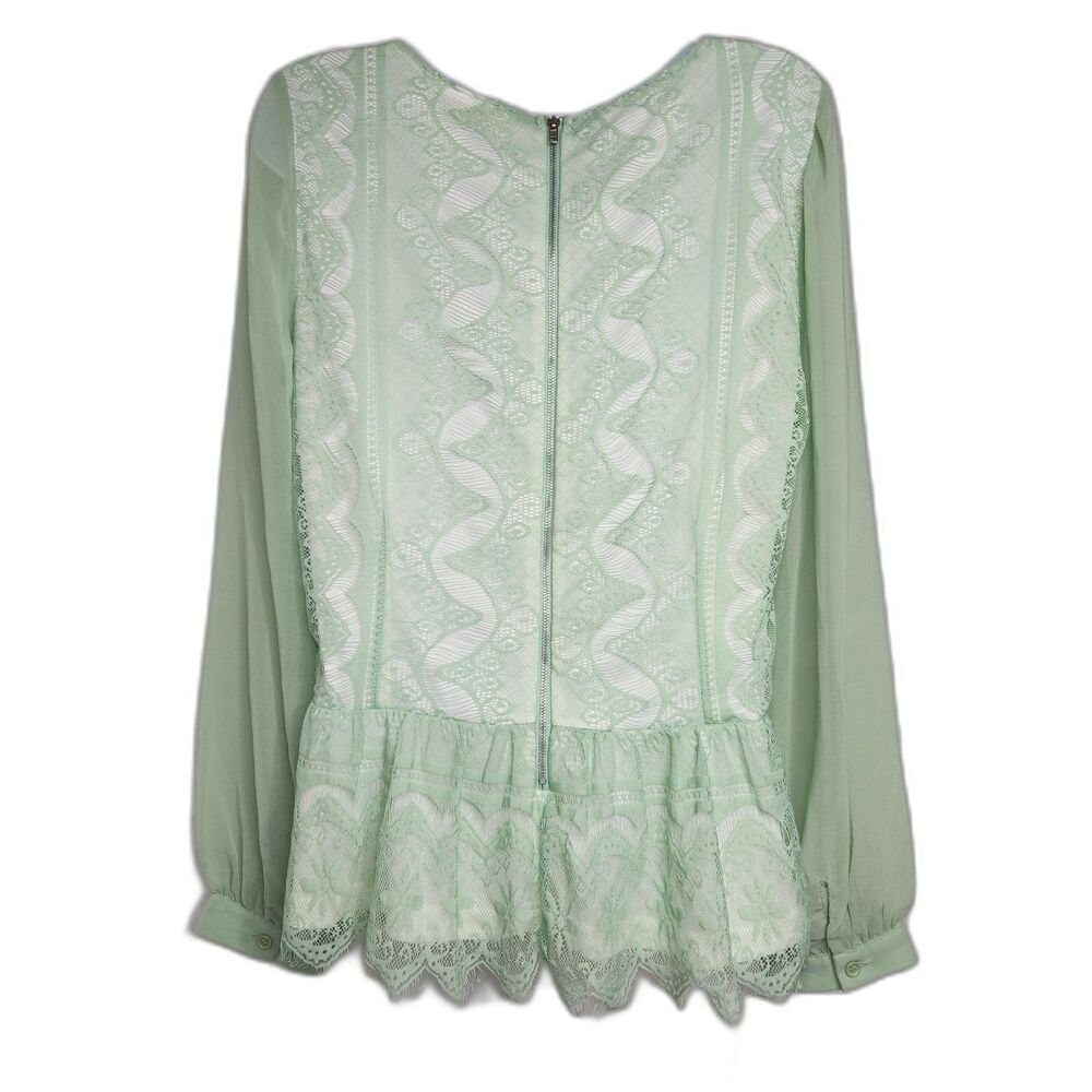Sweet Rain Floral Lace Peplum Blouse Sheer Long Sleeves Soft Green Sz. L Fairy - Picture 5 of 9